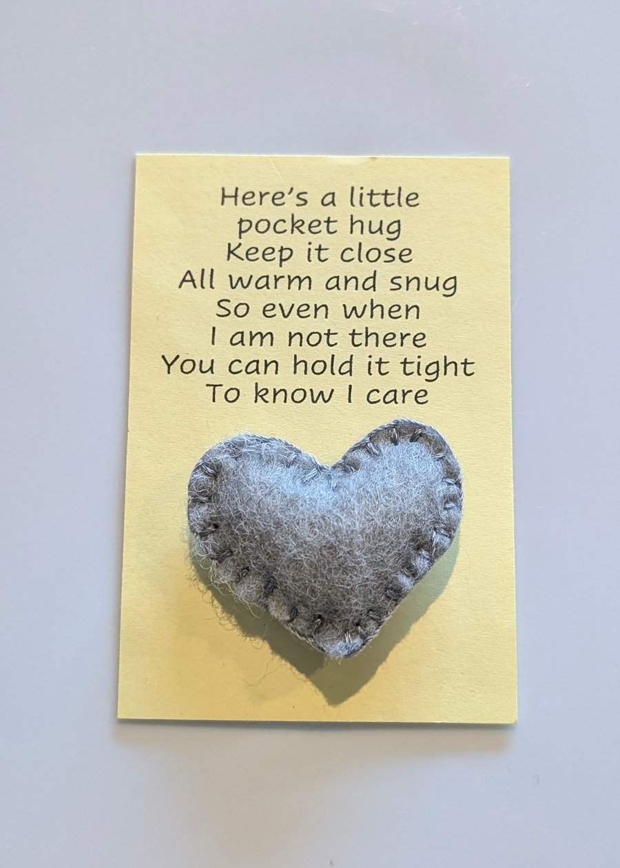 Handmade handsewn felt mini heart shaped pocket hug grey