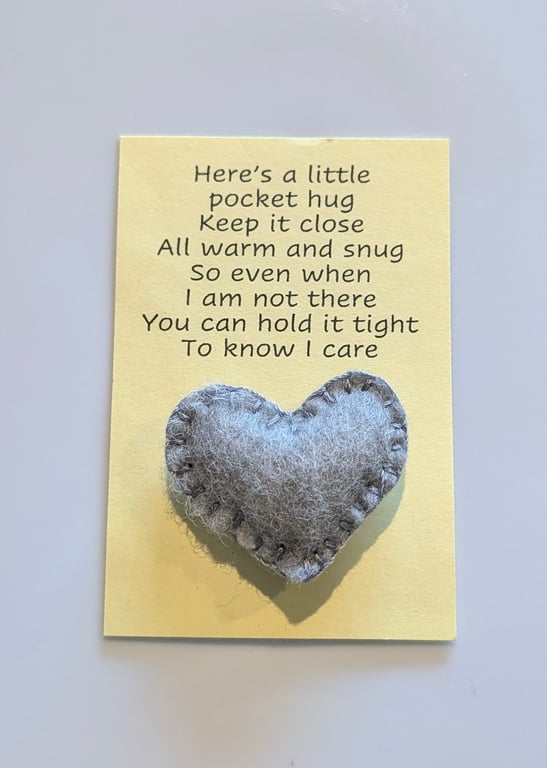 Handmade handsewn felt mini heart shaped pocket hug grey