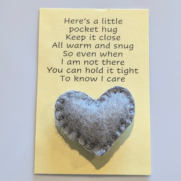 Handmade handsewn felt mini heart shaped pocket hug grey