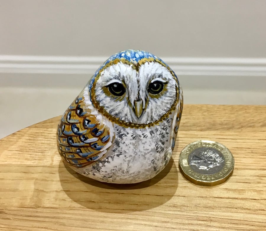 Barn Owl hand painted pebble garden rock art bird wildlife gift 