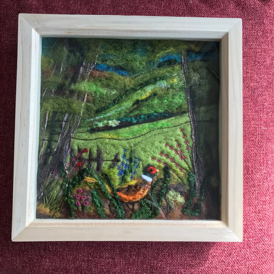 Textile picture pheasant in landscape 