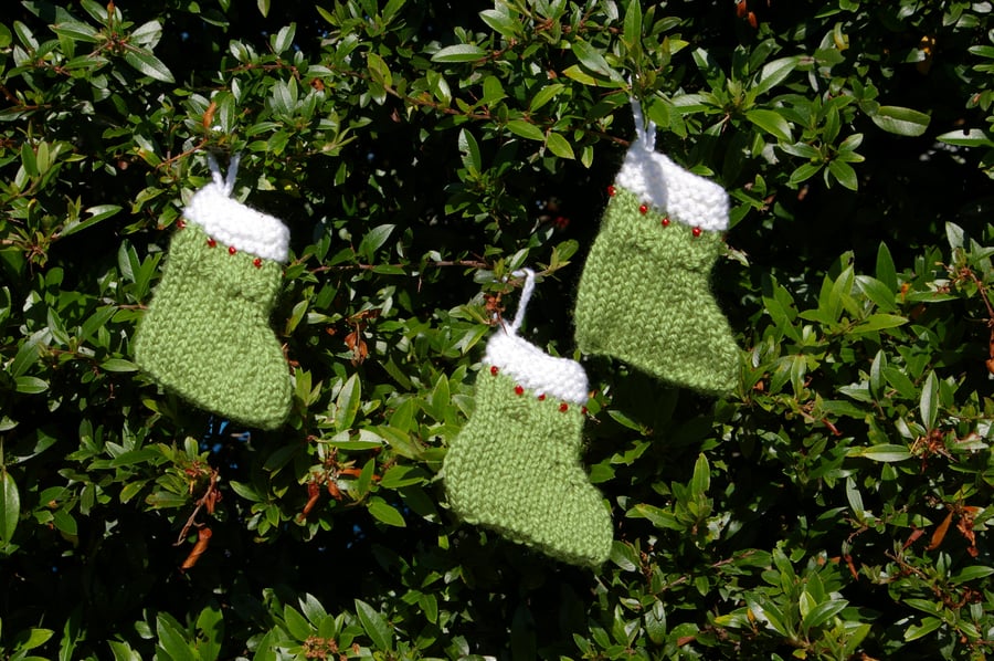 three Christmas Stocking Decorations Knitted - Green