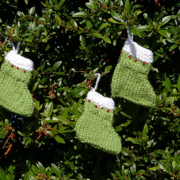 three Christmas Stocking Decorations Knitted - Green