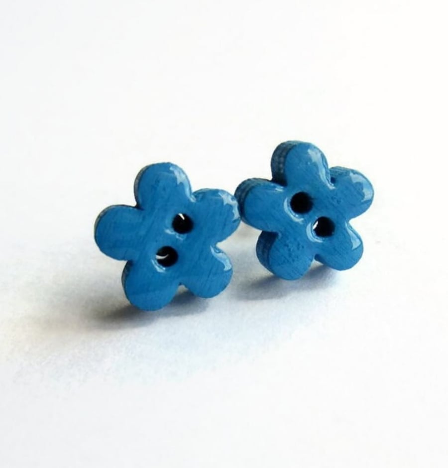 Bright Blue Wooden Flower Button Stud Earrings - Hypoallergenic