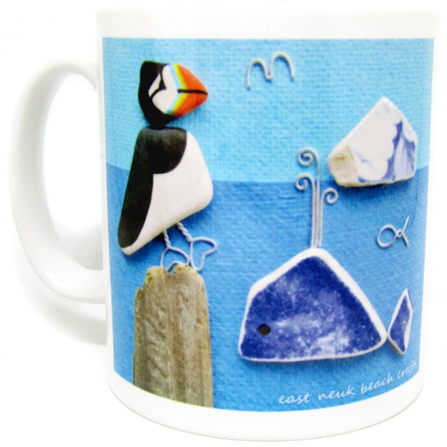 Seaside Mug & Gift Box - Puffin, Boat, Whale - Handmade Coastal Pebble Art