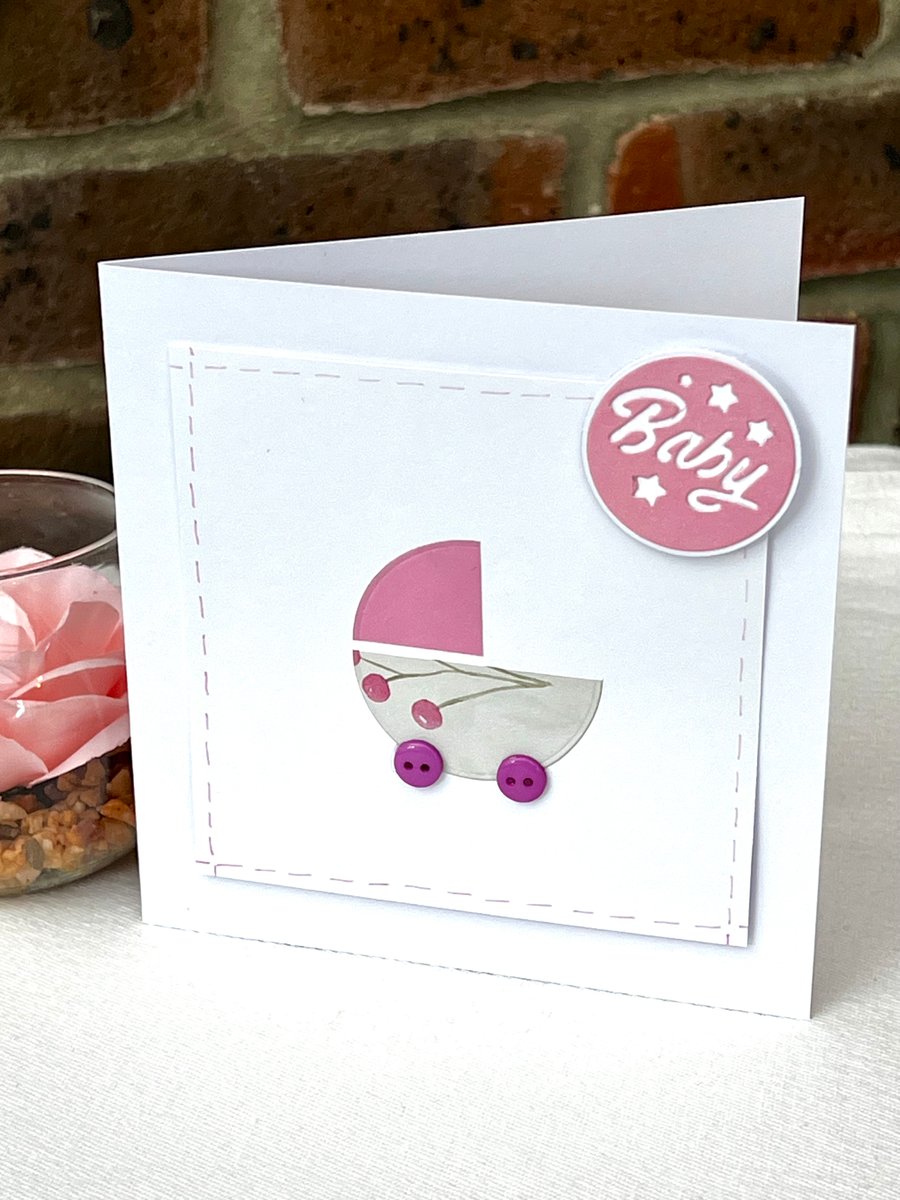 New baby girl card -  pink pram hood 