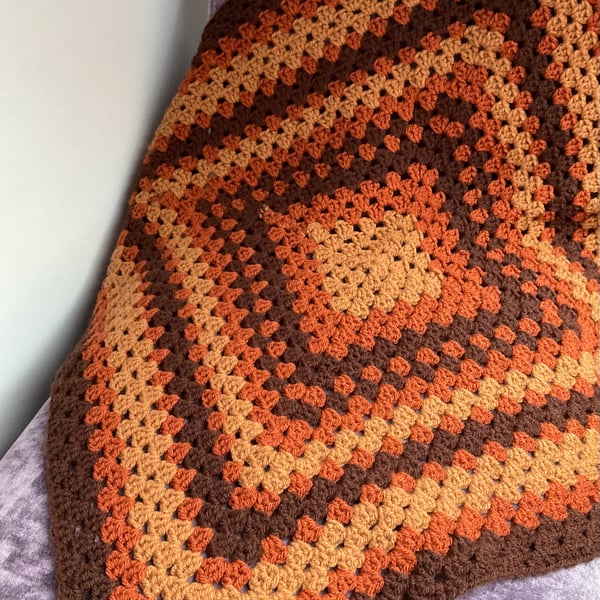 Vintage Style Crochet Blanket in Retro Brown Colours, Festival 