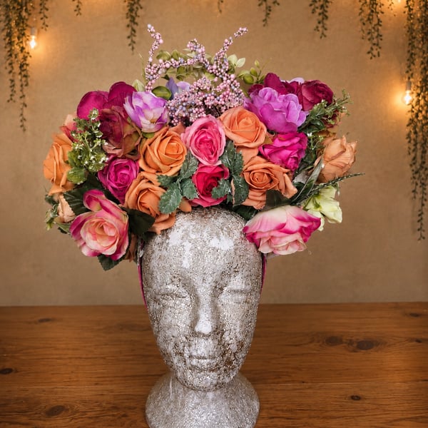 Orange Pink Flower Crown Handmade Festival Headpiece Fairy Floral Crown