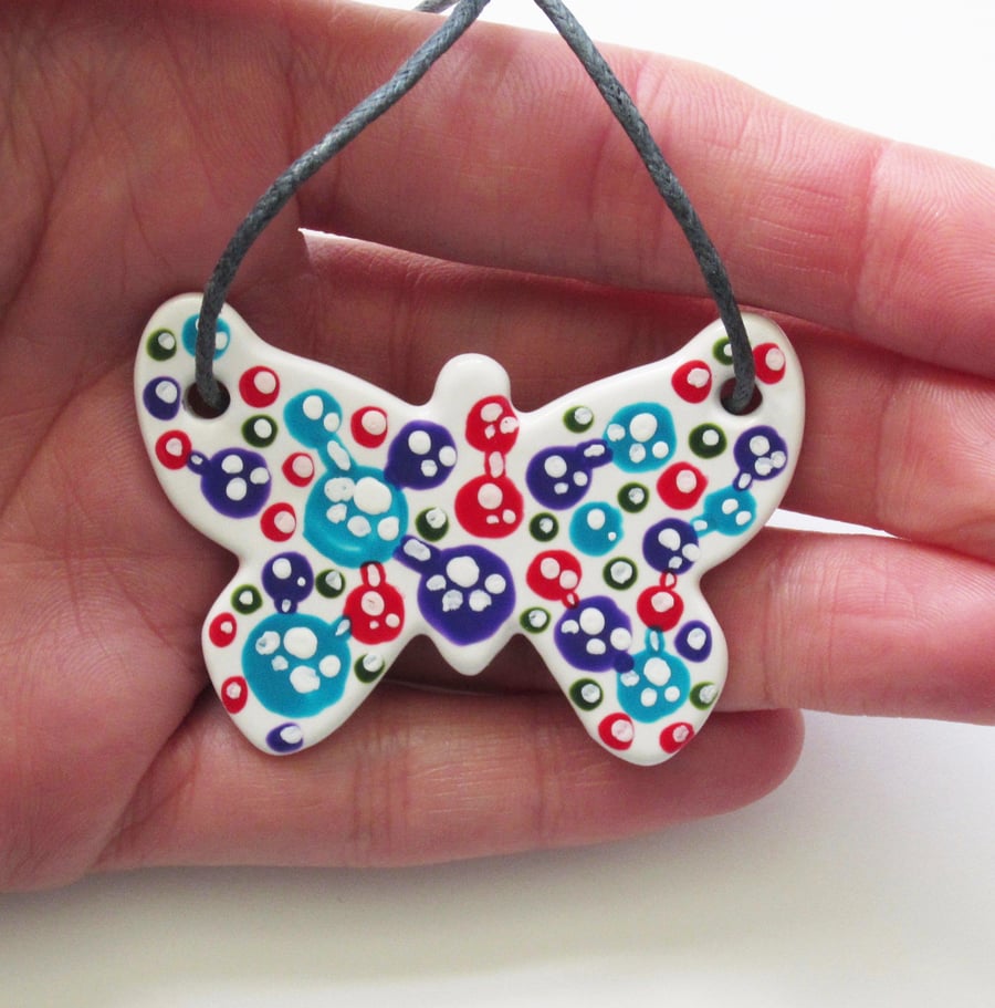 Bubble Pattern Hand Painted Ceramic Butterfly Pendant on Grey Cord with Clasp