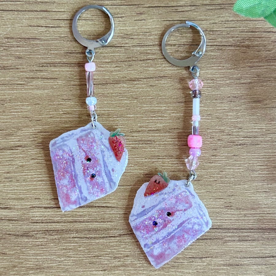 Pink Strawberry Cake Earrings - Glitter Asymmetrical Dangle Huggie Hoops