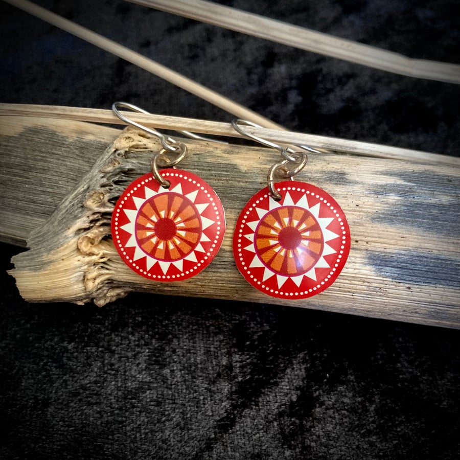 Red and Orange Tin Mandala Earrings