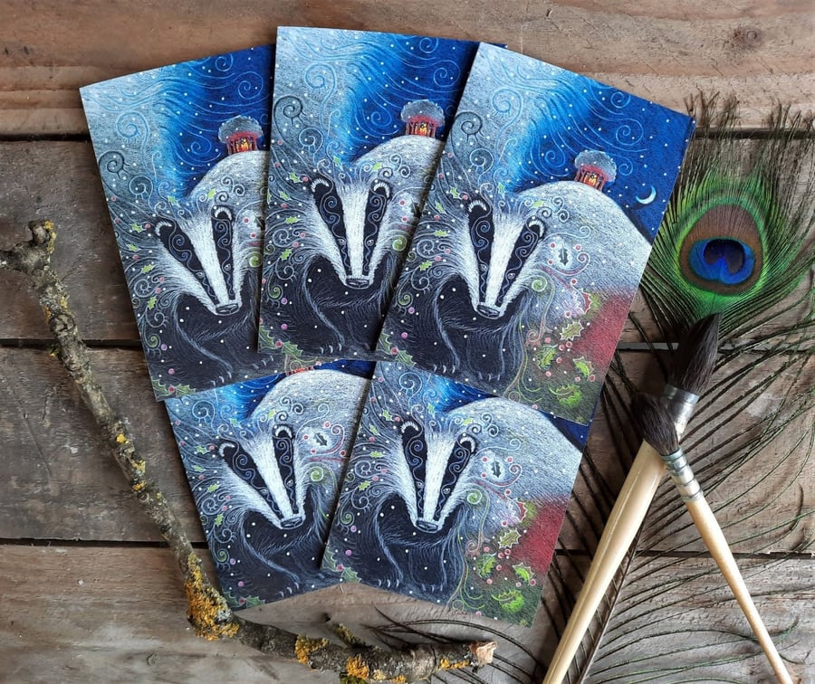 Yule Badger Greetings Card Pack of 5 by Hannah Willow