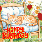 Happy Birthday Cat In Garden Sleeping A5 Greeting Card