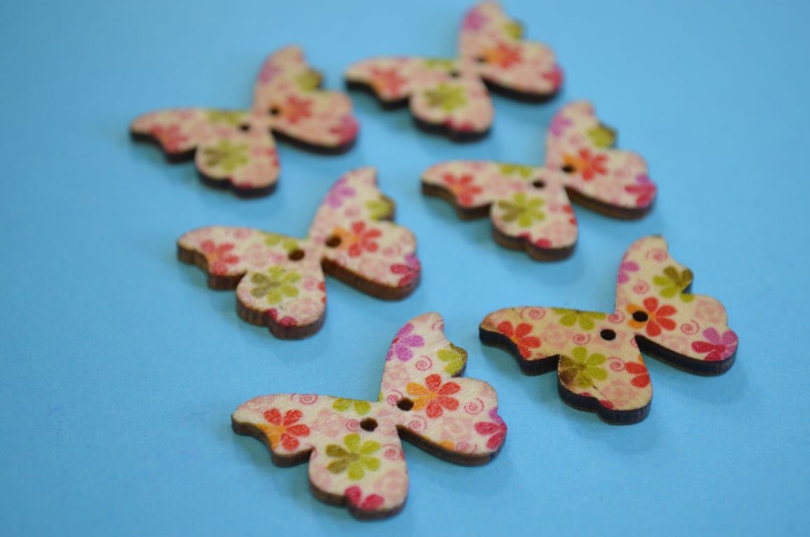Wooden Butterfly Buttons Flowers Pink Green Red 6pk 28x20mm (B8)