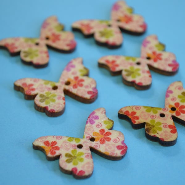 Wooden Butterfly Buttons Flowers Pink Green Red 6pk 28x20mm (B8)