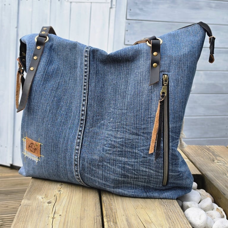 Denim Tote Bag with Leather Handles, Large Blue Zip Shoulder Bag