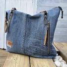 Denim Tote Bag with Leather Handles, Large Blue Zip Shoulder Bag
