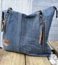 Denim Tote Bag with Leather Handles, Large Blue Zip Shoulder Bag
