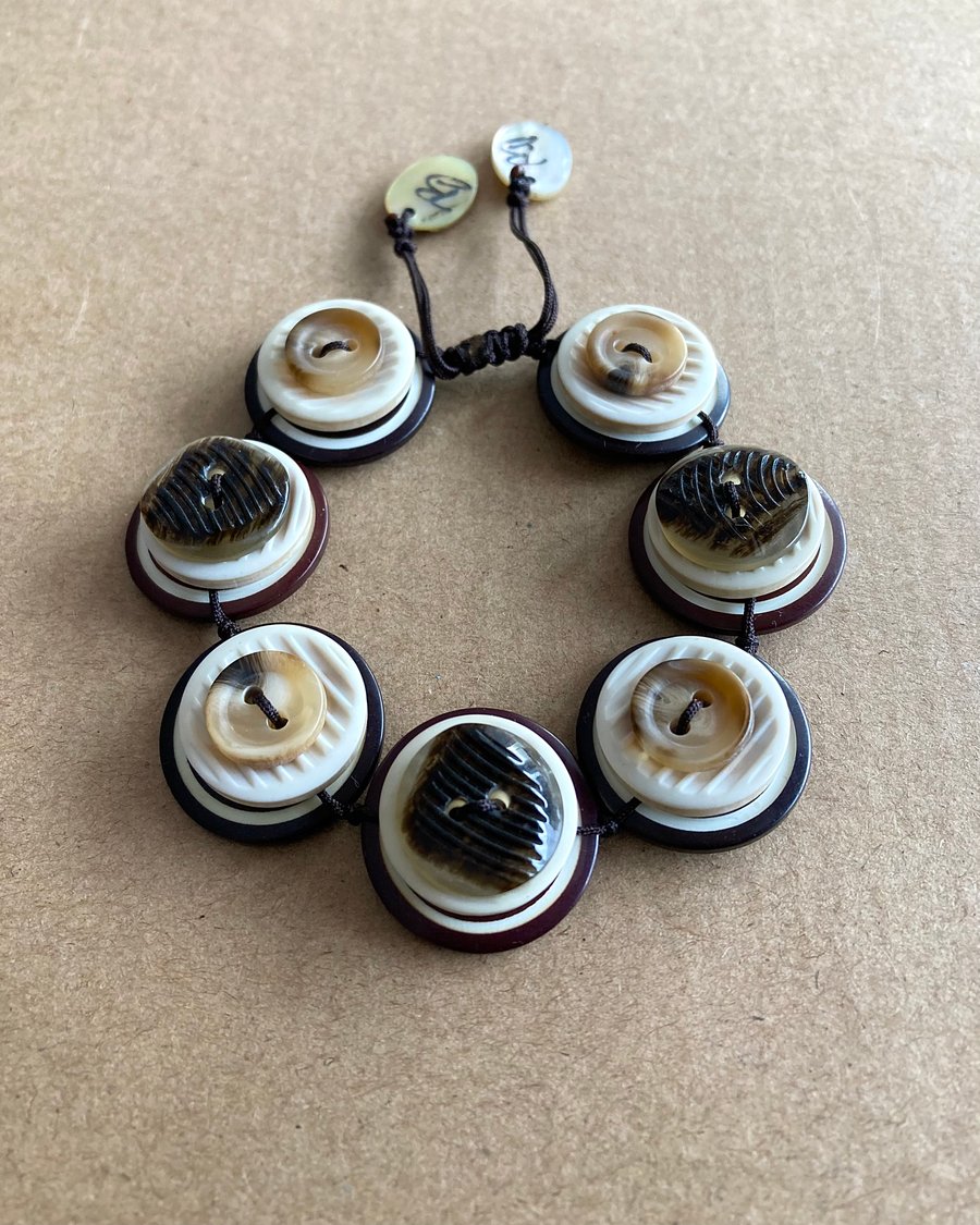Brown and Off White - Vintage Button Adjustable Handmade Bracelet - Valentine's 