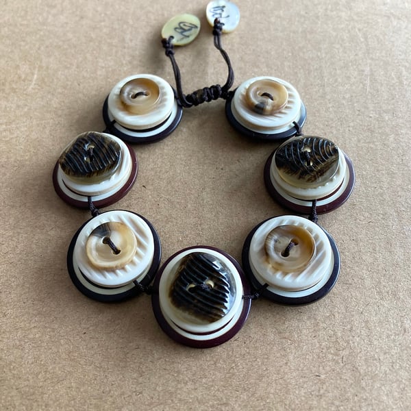 Brown and Off White - Vintage Button Adjustable Handmade Bracelet 