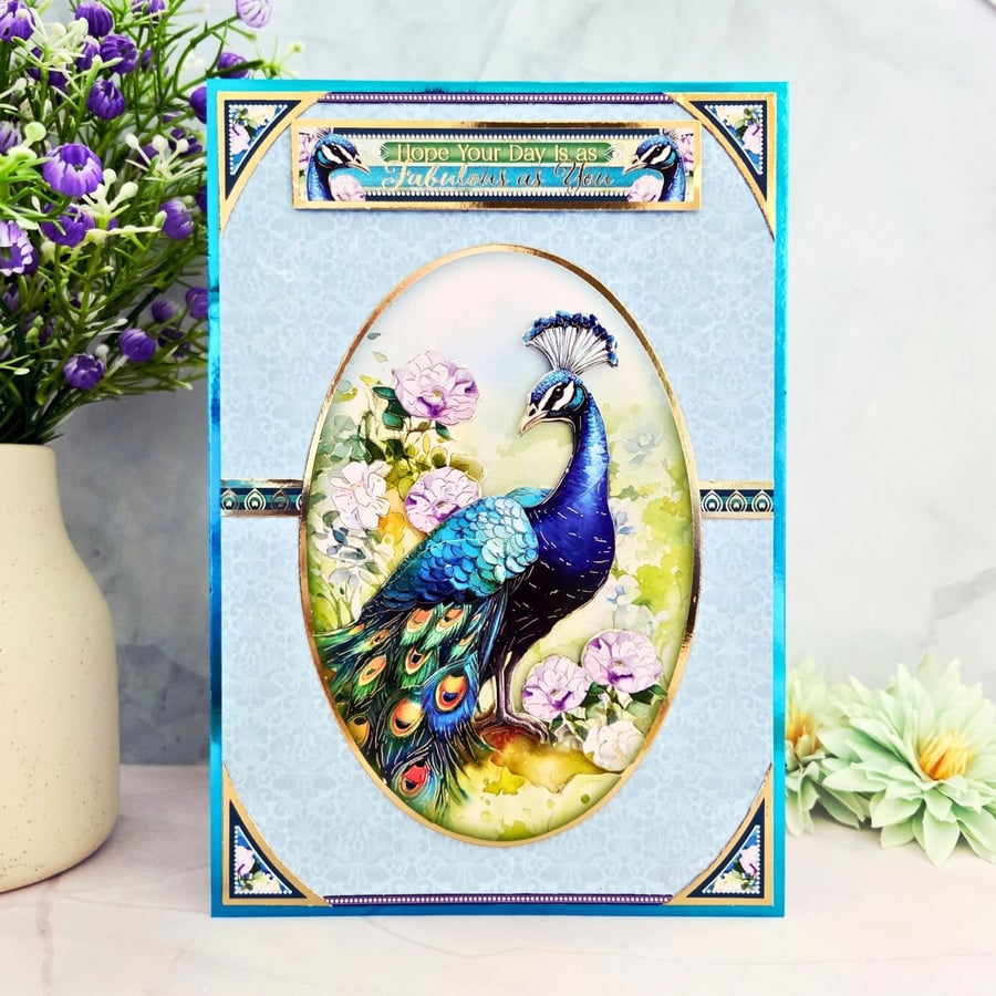 Elegant Peacock Birthday Card For Her Or Him In Teal-Turquoise Colours