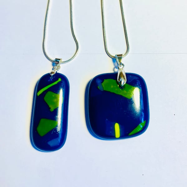 Yellow and Blue Fused Glass Pendants