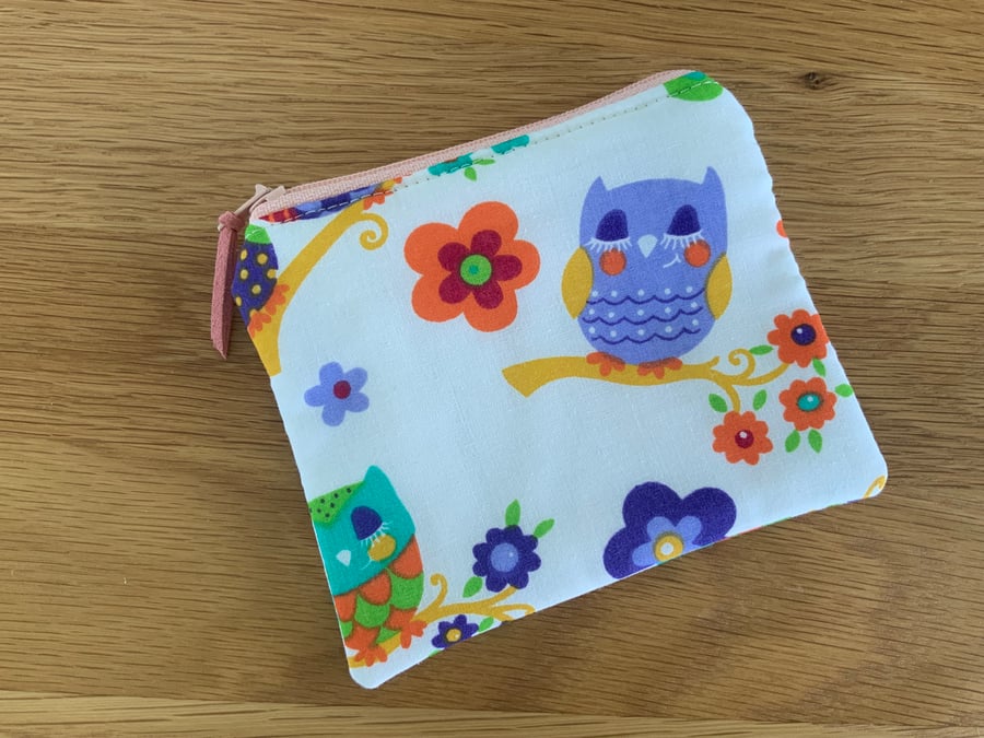 Fabric Coin Purse, Money Pouch, Zipped Purse, Purse, Card Holder, Owl