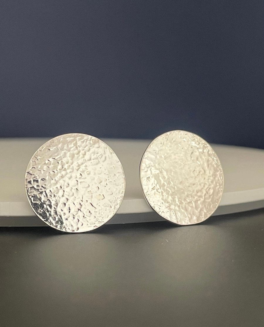 Large Sterling Silver Round Ear Stud Earrings 20mm Hammered Sparkly  - Handmade 