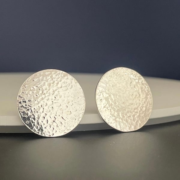 Large Sterling Silver Round Ear Stud Earrings 20mm Hammered Sparkly  - Handmade 