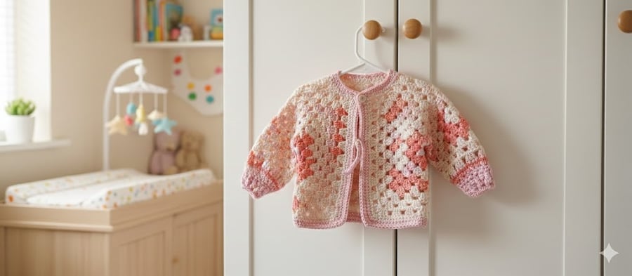 Handmade Crochet Hexagon Cardigan Baby Pink White Granny Square Jacket