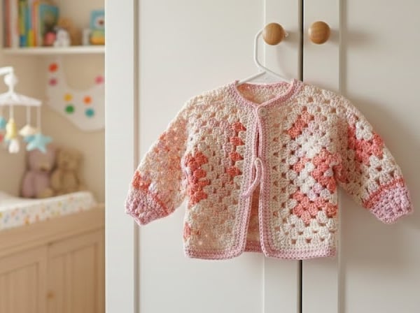 Handmade Crochet Hexagon Cardigan Baby Pink White Granny Square Jacket