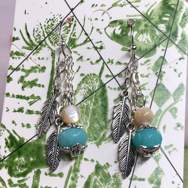 Aquamarine and Pearl feather earrings