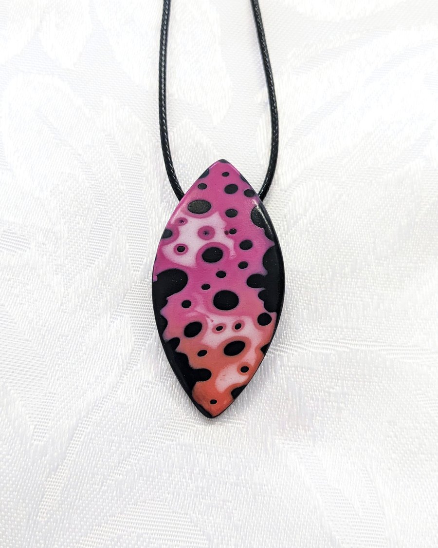 Pink and Orange Pointed Oval Pendant, Chunky Polymer Clay Necklace