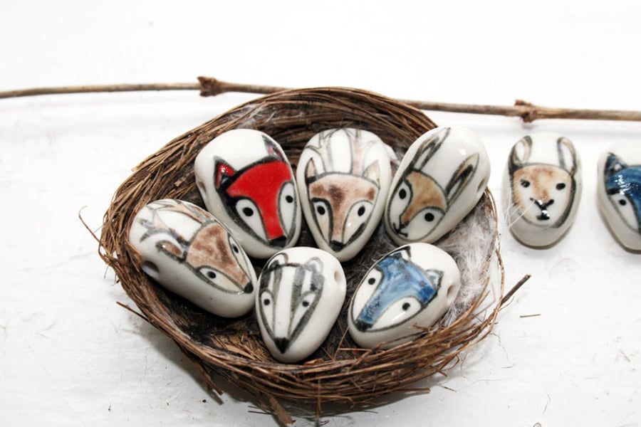 Woodland critter handmade ceramic bead-red fox, blue wolf, stag, hare,owl badger