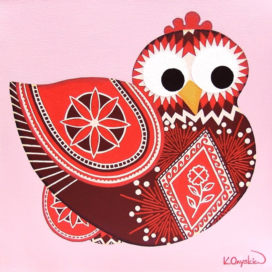 Chicken Painting - original acrylic art of a red patterned hen