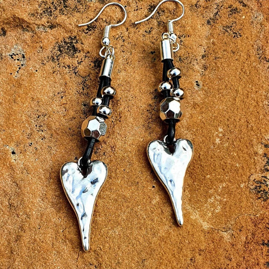 HAMMERED HEART Charm,Two Tone EARRINGS,  Unusual Earrings, Leather Cord & Silver