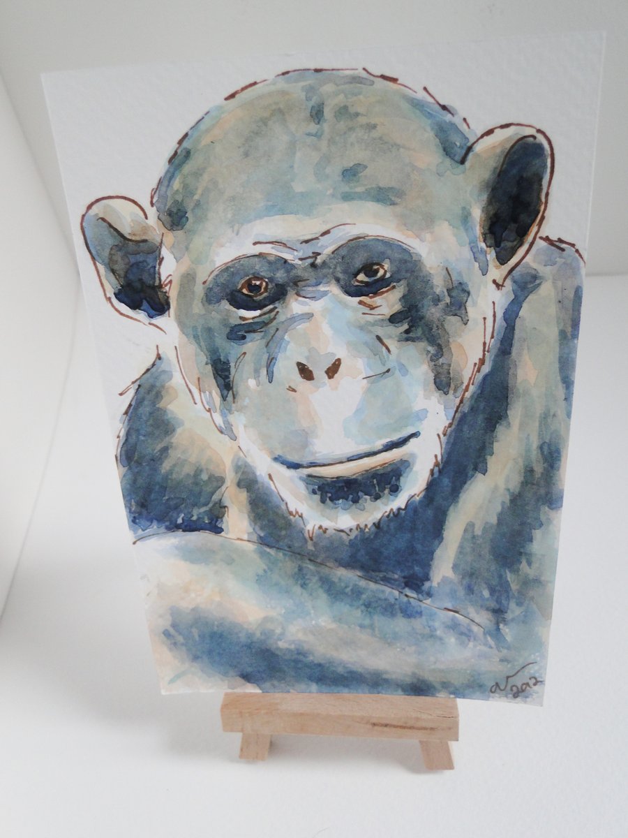 OSWOA Chimp Original Watercolour & Ink Painting 4x6 OOAK