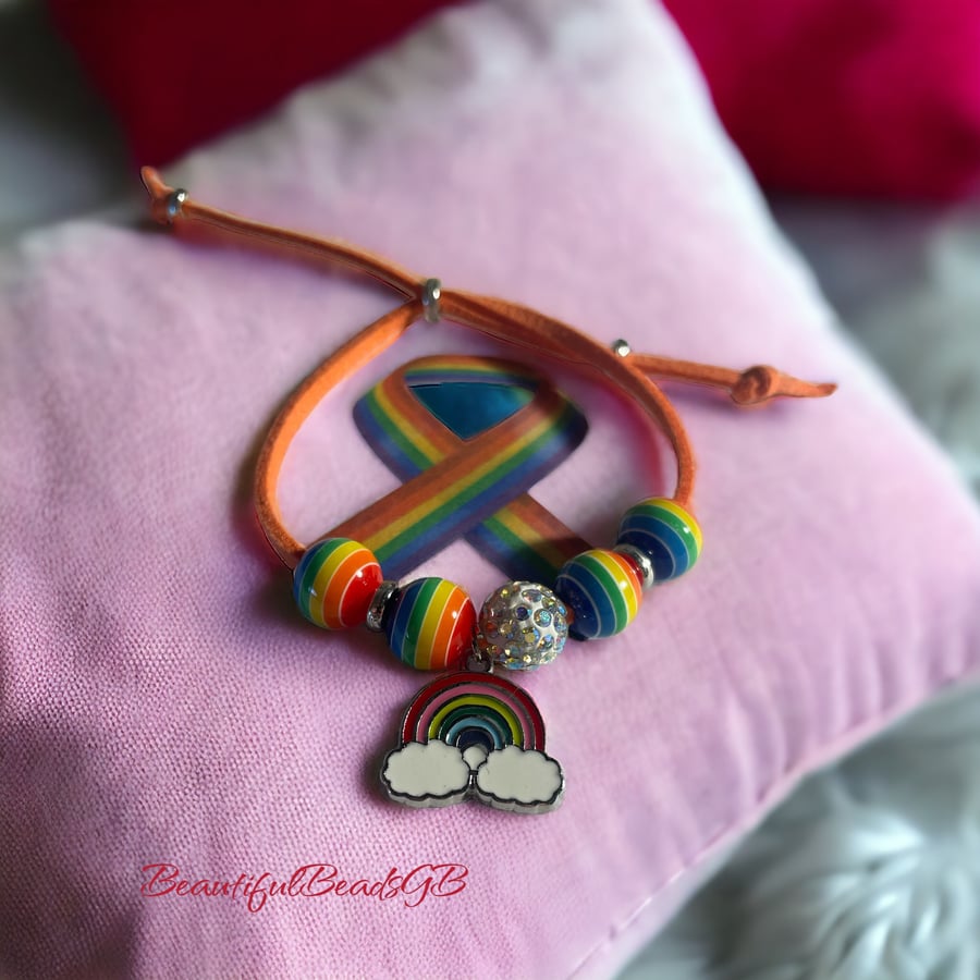 Pride awareness suede effect corded shamballa bracelet rainbow charm gift