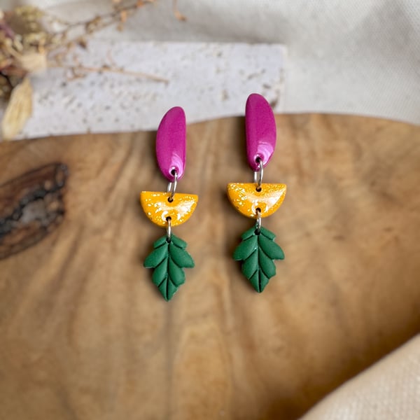 Autumn Magenta Berry and Mustard Marigold Leaf Polymer Clay Earrings