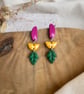Autumn Magenta Berry and Mustard Marigold Leaf Polymer Clay Earrings