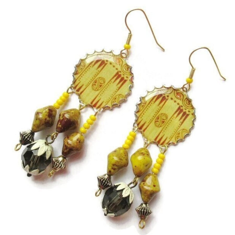 Art Nouveau Earrings Yellow Ochre Arts And Crafts Look Beaded Jugendstil Style