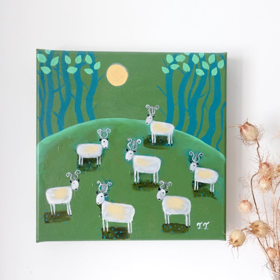 Whimsical Landscape Painting, Sheep Artwork, Lyre Horns, Green Acrylic Artwork