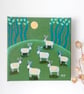 Whimsical Landscape Painting, Sheep Artwork, Lyre Horns, Green Acrylic Artwork