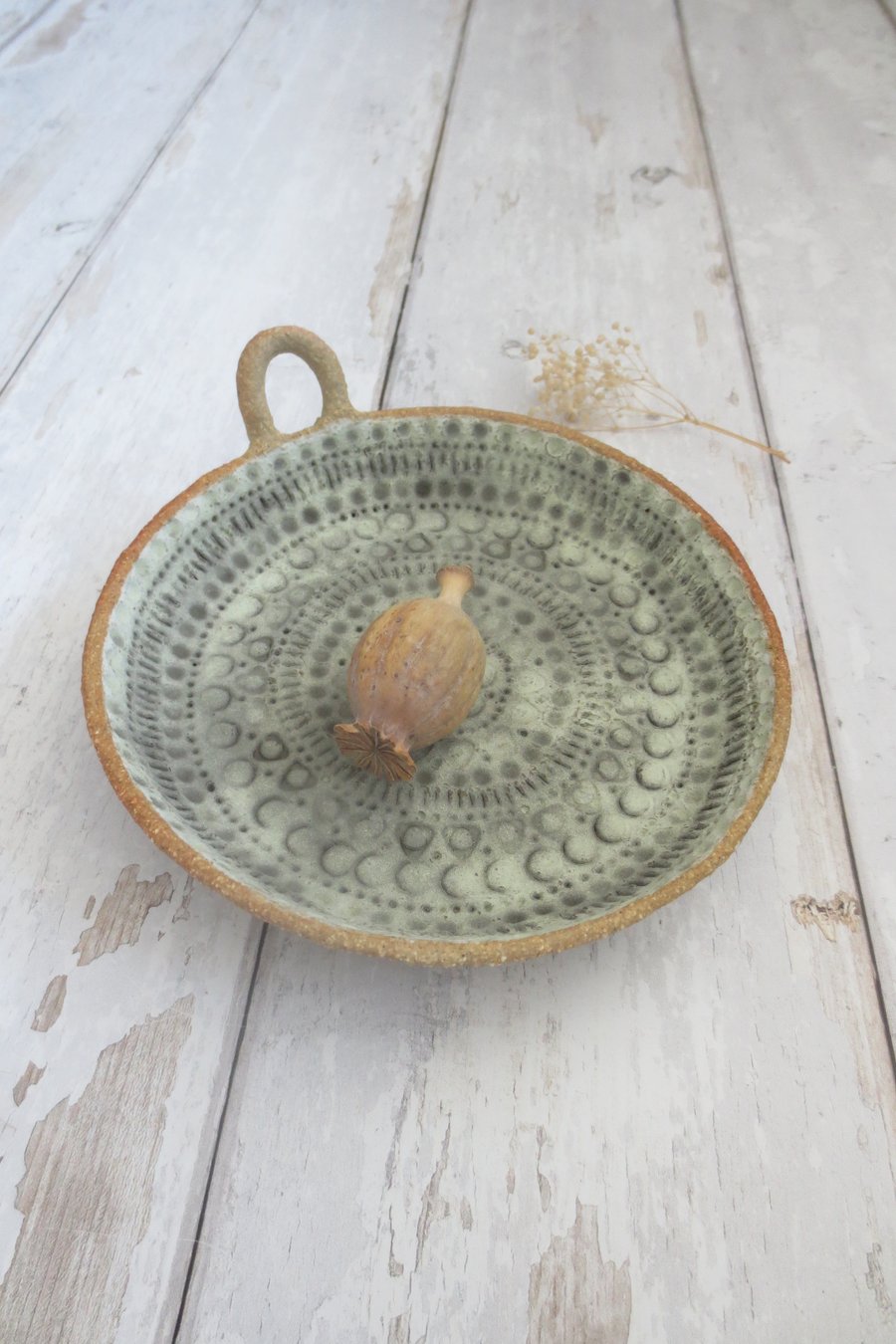 CANDLE DISH hand-built stoneware pottery in matt pale green