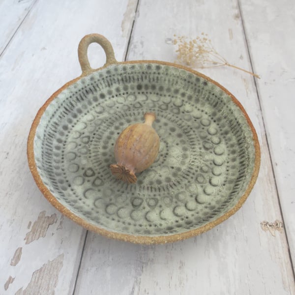 CANDLE DISH hand-built stoneware pottery in matt pale green