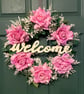 Handmade Pink Rose Door Wreath with Welcome Sign, Cottagecore Home Decor 