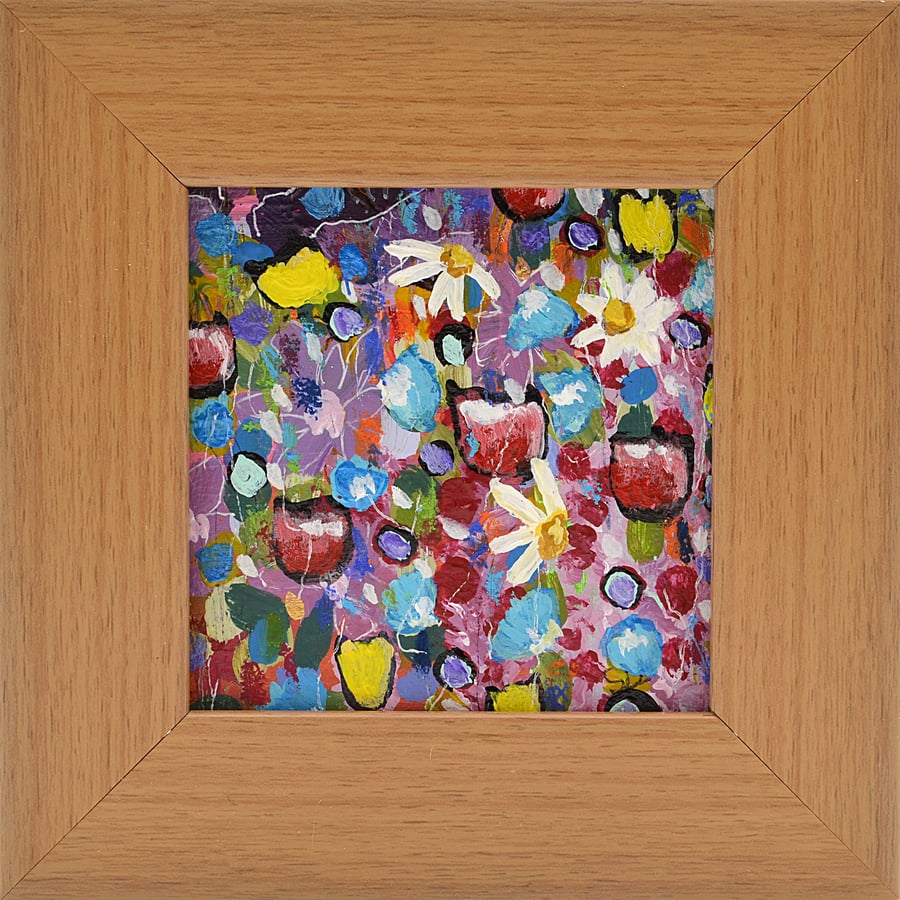 Small Framed Painting of Wildflowers (5.5 x 5.5 inches. Ready to Hang)