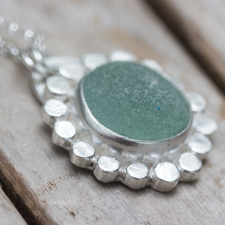Round Shore Aqua Sea Glass & Silver Necklace