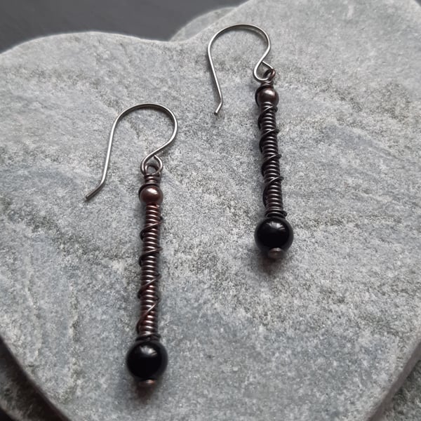 Copper Wire Wrapped Earrings With Black Agate