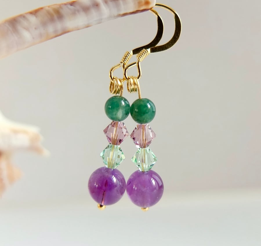 Amethyst, Moss Agate and Swarovski Crystal Earrings - Handmade In Devon.